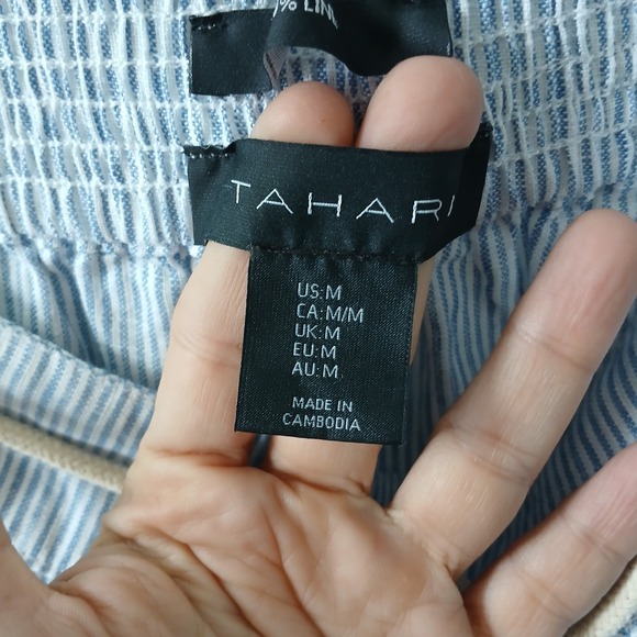 Tahari Size Medium Wide Leg‎ Pants Rope Belt Striped Ankle Length 100% Linen - Picture 10 of 14